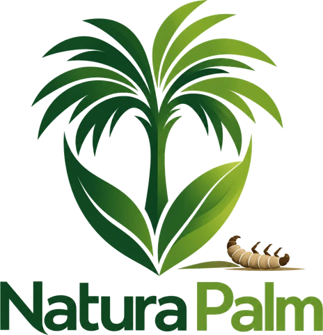 Logo Natura Palm : un palmier en forme de cœur et une larve renversée